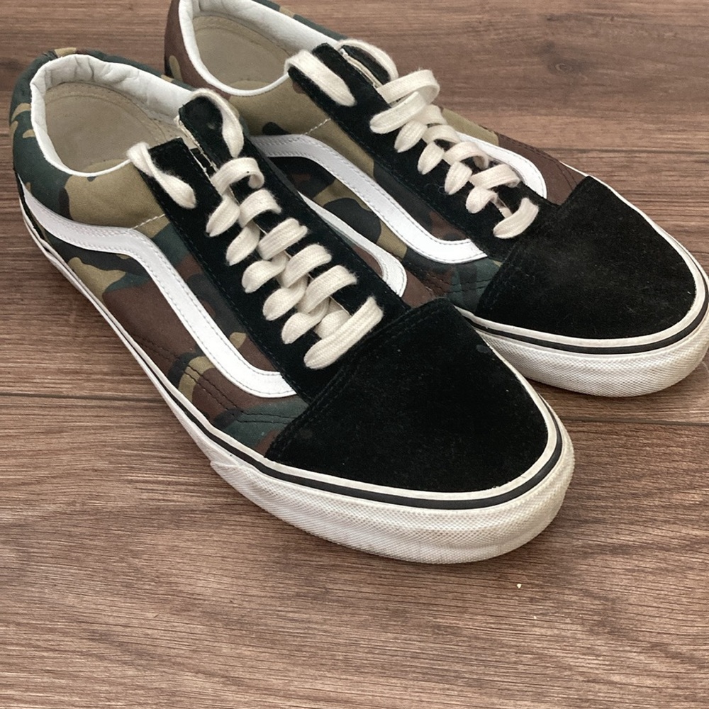 Vans Black and Green Camo Sneakers with Suede Canvas Upper